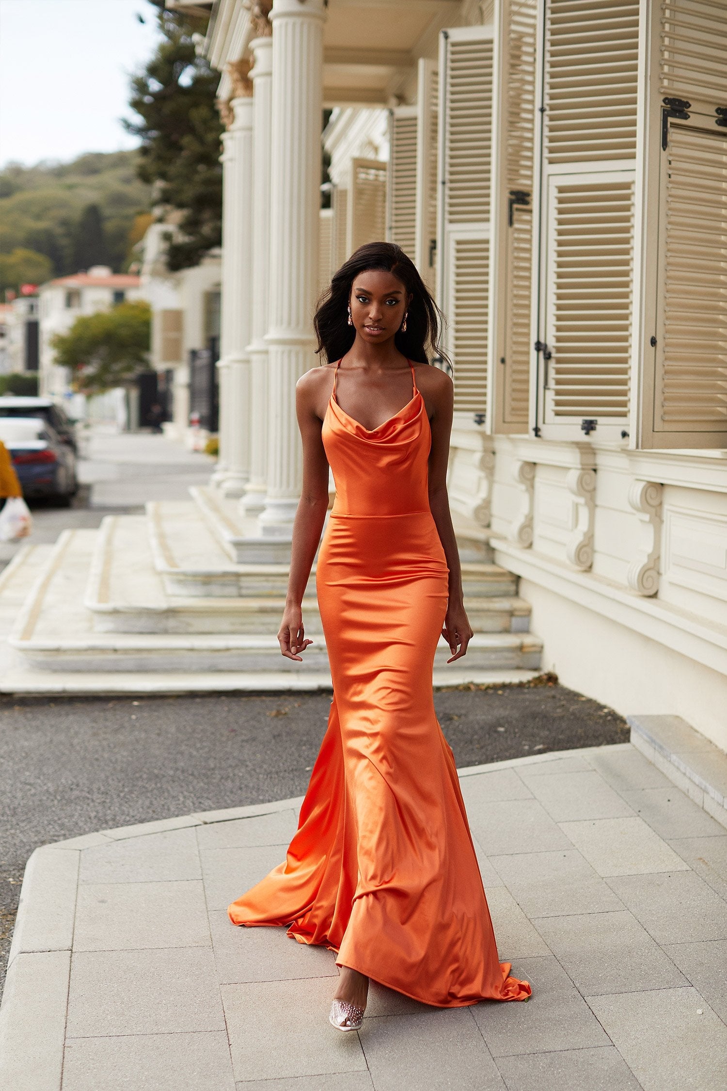 Diya Orange Satin Gown | Afterpay | Zip ...